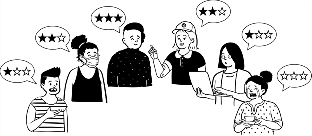 [Translate to Englisch:] Clipart Bild zeigt schematisch 6 Personen die sehr unterschiedliche Bewertungen abgeben, angedeutet durch Sprechblasen mit 1 bis 3 möglichen Bewertungssternen