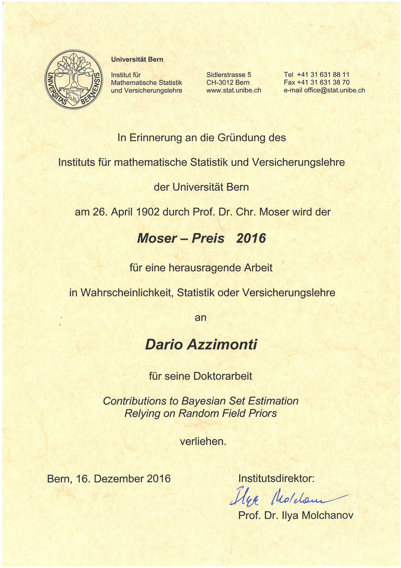 C. Moser award for Dario Azzimonti